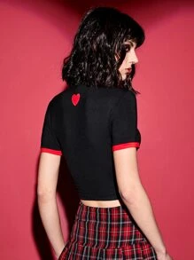 ROMWE PUNK Slogan Graphic Contrast Binding Crop Tee - Black - View 2