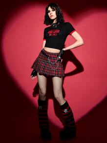 ROMWE PUNK Slogan Graphic Contrast Binding Crop Tee - Black - View 3