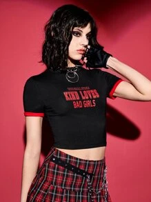 ROMWE PUNK Slogan Graphic Contrast Binding Crop Tee - Black - View 4