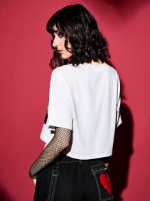 ROMWE PUNK Camiseta crop con estampado de letra y figura - Blanco - Ver 2