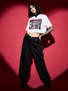 ROMWE PUNK Camiseta crop con estampado de letra y figura - Blanco - Ver 3