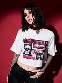 ROMWE PUNK Camiseta crop con estampado de letra y figura - Blanco - Ver 5