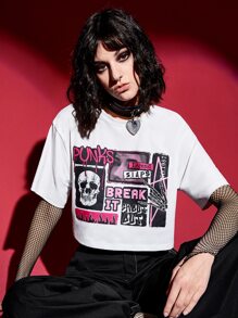 ROMWE PUNK Camiseta crop con estampado de letra y figura - Blanco - Ver 6