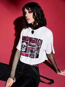 ROMWE PUNK Camiseta crop con estampado de letra y figura - Blanco - Ver 7