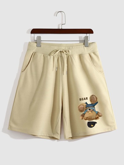 Hombres Shorts con estampado de oso y letra de cintura con cordón