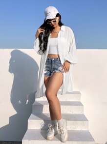 SHEIN EZwear Camisa unicolor de hombros caídos largo - Blanco - Ver 2