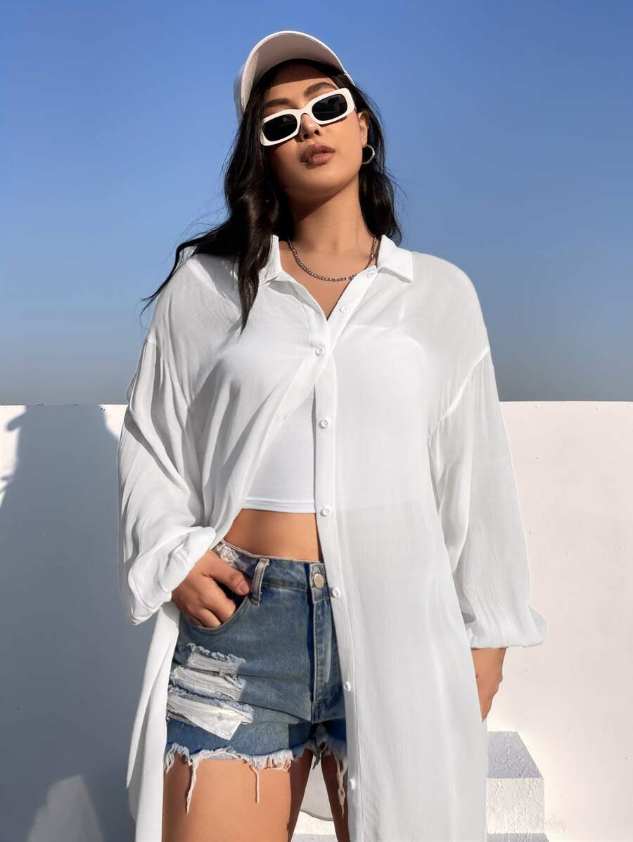 SHEIN EZwear Camisa unicolor de hombros caídos largo - Blanco - Ver 1