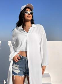 SHEIN EZwear Camisa unicolor de hombros caídos largo - Blanco - Ver 3