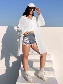 SHEIN EZwear Camisa unicolor de hombros caídos largo - Blanco - Ver 5