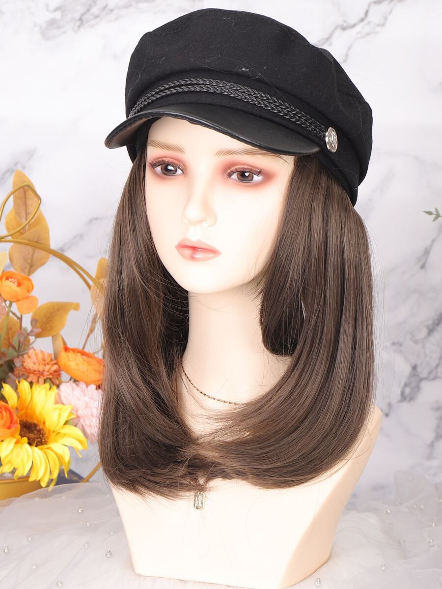 Short Straight Synthetic Wig With Hat - Dark Brown - View 1