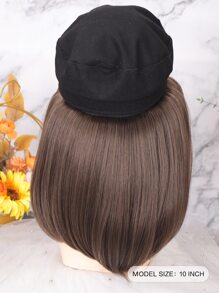 Short Straight Synthetic Wig With Hat - Dark Brown - View 2