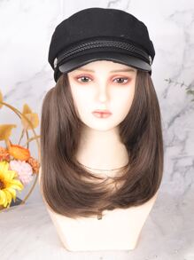Short Straight Synthetic Wig With Hat - Dark Brown - View 4