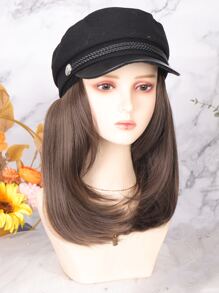 Short Straight Synthetic Wig With Hat - Dark Brown - View 6