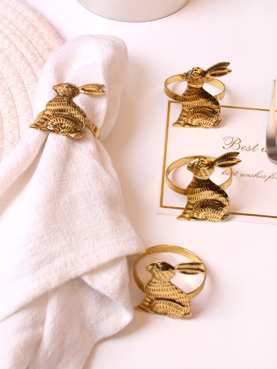 4 piezas Anillo de servilleta con dibujos animados con diseño de conejo - Dorado - Ver 1