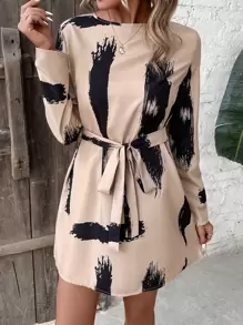 SHEIN Clasi Brush Print Keyhole Back Dress - Khaki - View 1