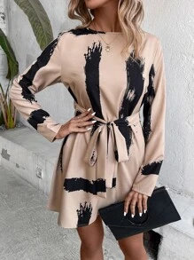 SHEIN Clasi Brush Print Keyhole Back Dress - Khaki - View 3