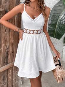 SHEIN VCAY Đầm Lộ Lưng Tương phản ren màu trơn Boho - trắng - Xem 4