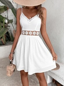 SHEIN VCAY Đầm Lộ Lưng Tương phản ren màu trơn Boho - trắng - Xem 3