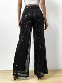Allurite High Waist Sequin Zip Back Wide Leg Trousers - Black - View 2
