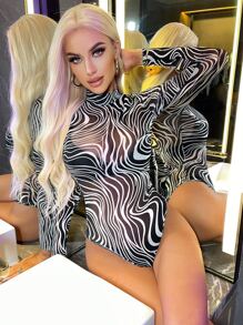 SHEIN Privé 斑馬條紋網紗連體衣 - 黑與白 - 查看 1