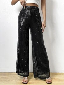Allurite High Waist Sequin Zip Back Wide Leg Trousers - Black - View 3