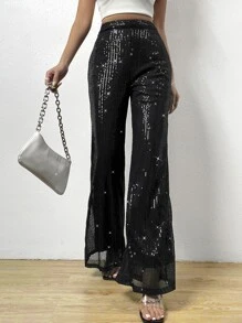 Allurite High Waist Sequin Zip Back Wide Leg Trousers - Black - View 4