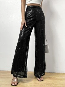 Allurite High Waist Sequin Zip Back Wide Leg Trousers - Black - View 6