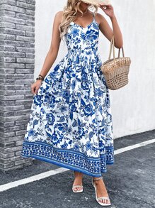 SHEIN VCAY 印花吊帶連衣裙 - 藍白色 - 查看 1