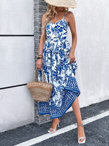 SHEIN VCAY 印花吊帶連衣裙 - 藍白色 - 查看 4