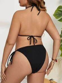 SHEIN Swim Curve Conjunto de bikini de talla grande con triángulo halter para playa de verano - Negro - Ver 2