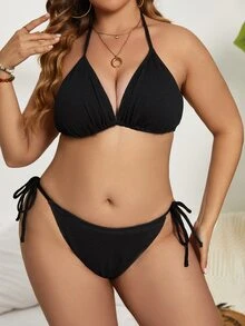 SHEIN Swim Curve Conjunto de bikini de talla grande con triángulo halter para playa de verano - Negro - Ver 5