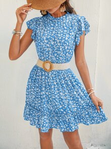 SHEIN VCAY Allover Print Butterfly Sleeve Ruffle Hem Dress Without Belt - Blue - View 5
