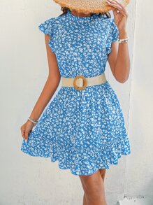 SHEIN VCAY Allover Print Butterfly Sleeve Ruffle Hem Dress Without Belt - Blue - View 6