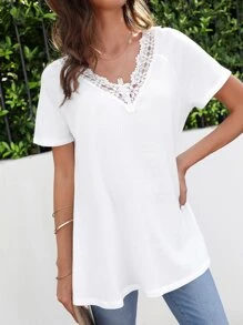 SHEIN LUNE 水溶蕾絲拼接T恤 - 白色 - 查看 6