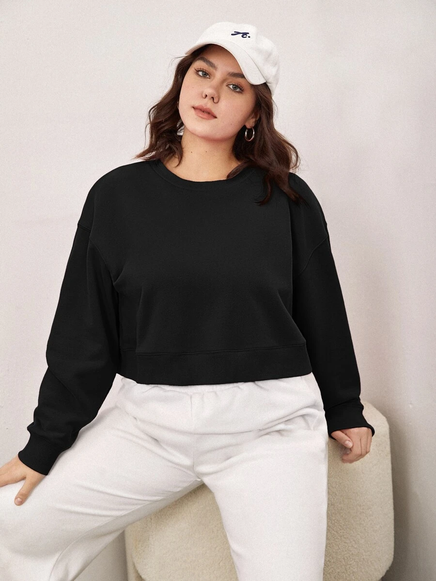 SHEIN BASICS Plus Terry Fleece Drop Shoulder Solid Sweatshirt - Black - View 1