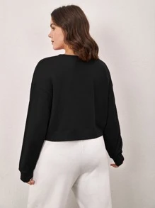 SHEIN BASICS Plus Terry Fleece Drop Shoulder Solid Sweatshirt - Black - View 2