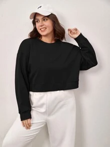 SHEIN BASICS Plus Terry Fleece Drop Shoulder Solid Sweatshirt - Black - View 3