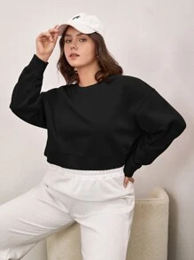 SHEIN BASICS Plus Terry Fleece Drop Shoulder Solid Sweatshirt - Black - View 4