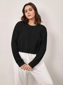 SHEIN BASICS Plus Terry Fleece Drop Shoulder Solid Sweatshirt - Black - View 5