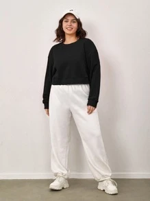 SHEIN BASICS Plus Terry Fleece Drop Shoulder Solid Sweatshirt - Black - View 6