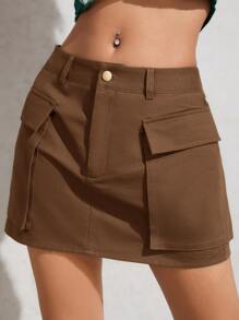 SHEIN EZwear 素色翻蓋口袋工裝裙