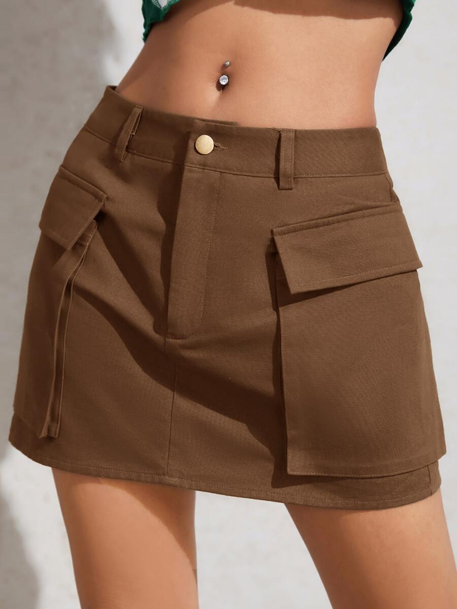 SHEIN EZwear 素色翻蓋口袋工裝裙