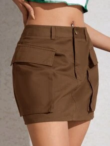 SHEIN EZwear 素色翻蓋口袋工裝裙