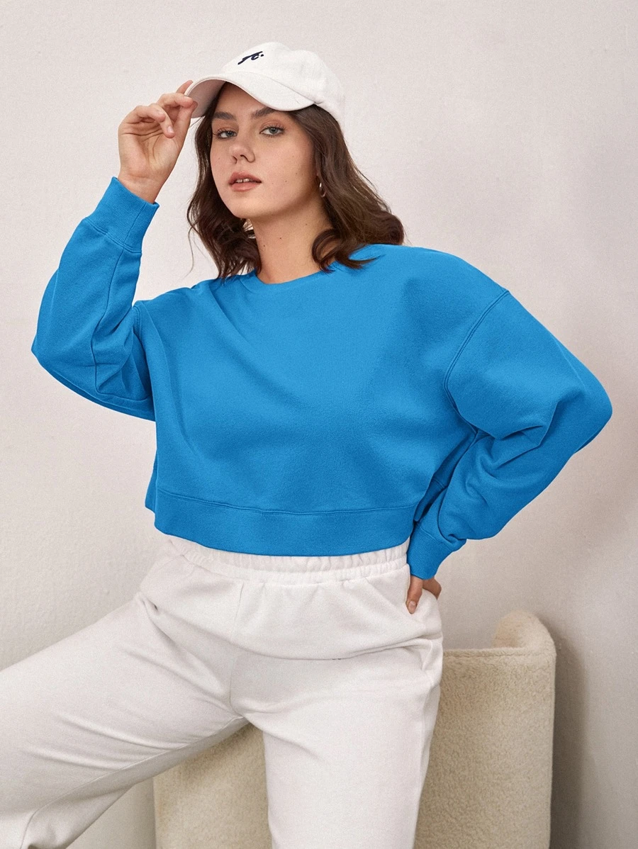 SHEIN BASICS Plus Drop Shoulder Solid Sweatshirt - Blue - View 1
