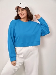 SHEIN BASICS Plus Drop Shoulder Solid Sweatshirt - Blue - View 3