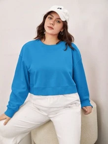 SHEIN BASICS Plus Drop Shoulder Solid Sweatshirt - Blue - View 4