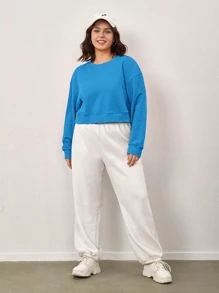 SHEIN BASICS Plus Drop Shoulder Solid Sweatshirt - Blue - View 6