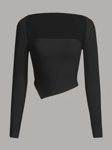 SHEIN EZwear Áo nữ Bất đối xứng màu trơn Giải trí - màu đen - Xem 1