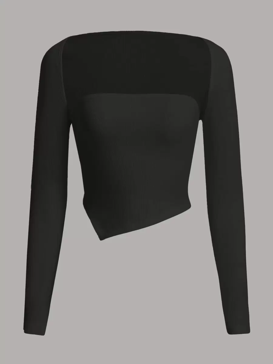 SHEIN EZwear Áo nữ Bất đối xứng màu trơn Giải trí - màu đen - Xem 1