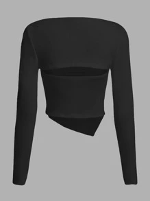 SHEIN EZwear Áo nữ Bất đối xứng màu trơn Giải trí - màu đen - Xem 2